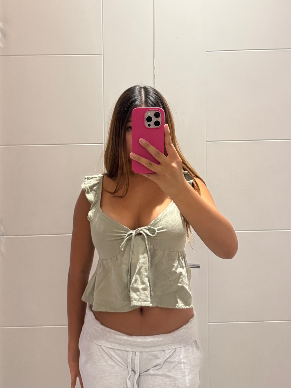 Light Sage Tie-Front Flutter Sleeve Crop Top